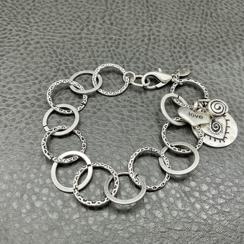 Chicos Silver Tone Link Charm Bracelet Love Heart Spiral Eye Open Circle 7.5 In